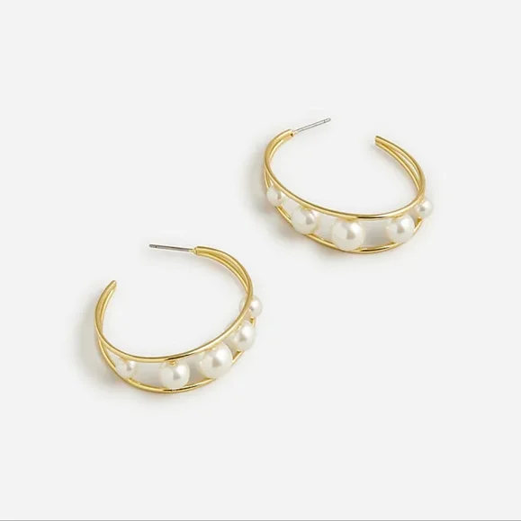 J. Crew Pearl Gold Double Hoop Earrings - Picture 1 of 2